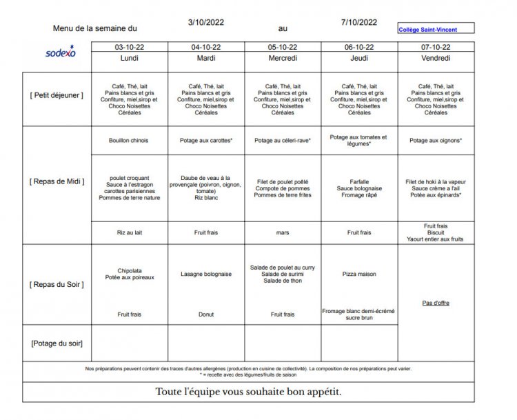 Menu du Self - 03.10.2022 - 07.12.2022