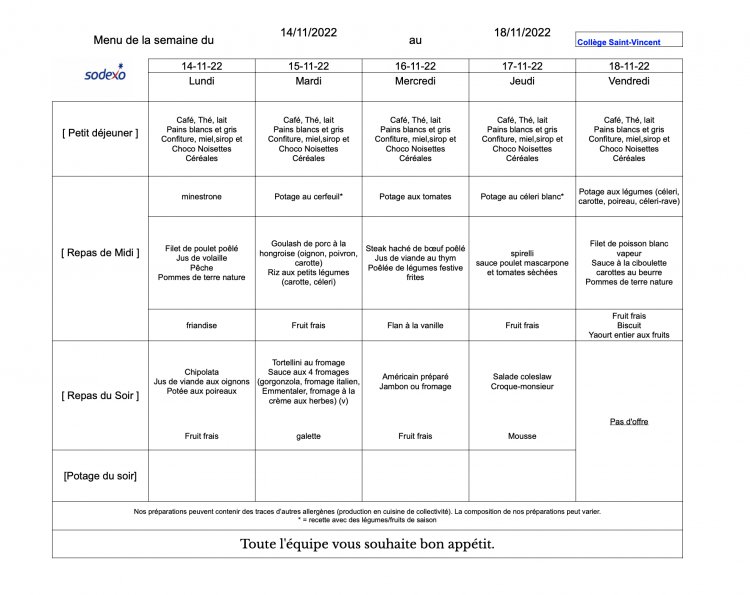 Le menu de la semaine du 14 au 18 novembre 2022