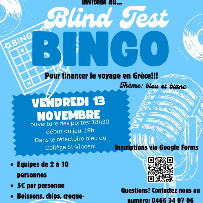 Les élèves de Grec en 6ème organisent un blind test-bingo pour soutenir l’organisation de leur voyage en Grèce!! N’hésitez pas à venir pa…