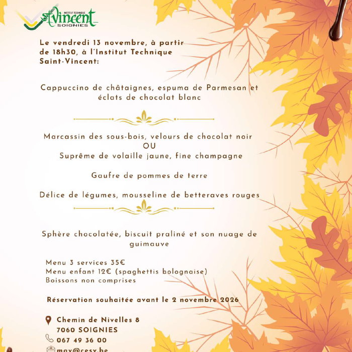 Banquet d'automne Vendredi 13 novembre à 18h30 Chemin de Nivelles 8 Réservations souhaitées avant le 2 novembre --> mav@cesv.be Plus d'in…